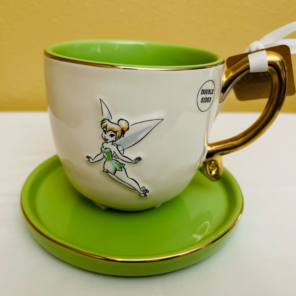 Disney Rae Dunn Tinker Bell Oversized Tea Coffee Mug & Saucer Green Gold Trim